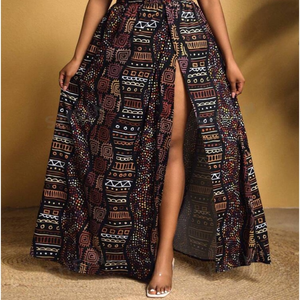 Plus Size Full Print Tie Waist Side Slit Skirt